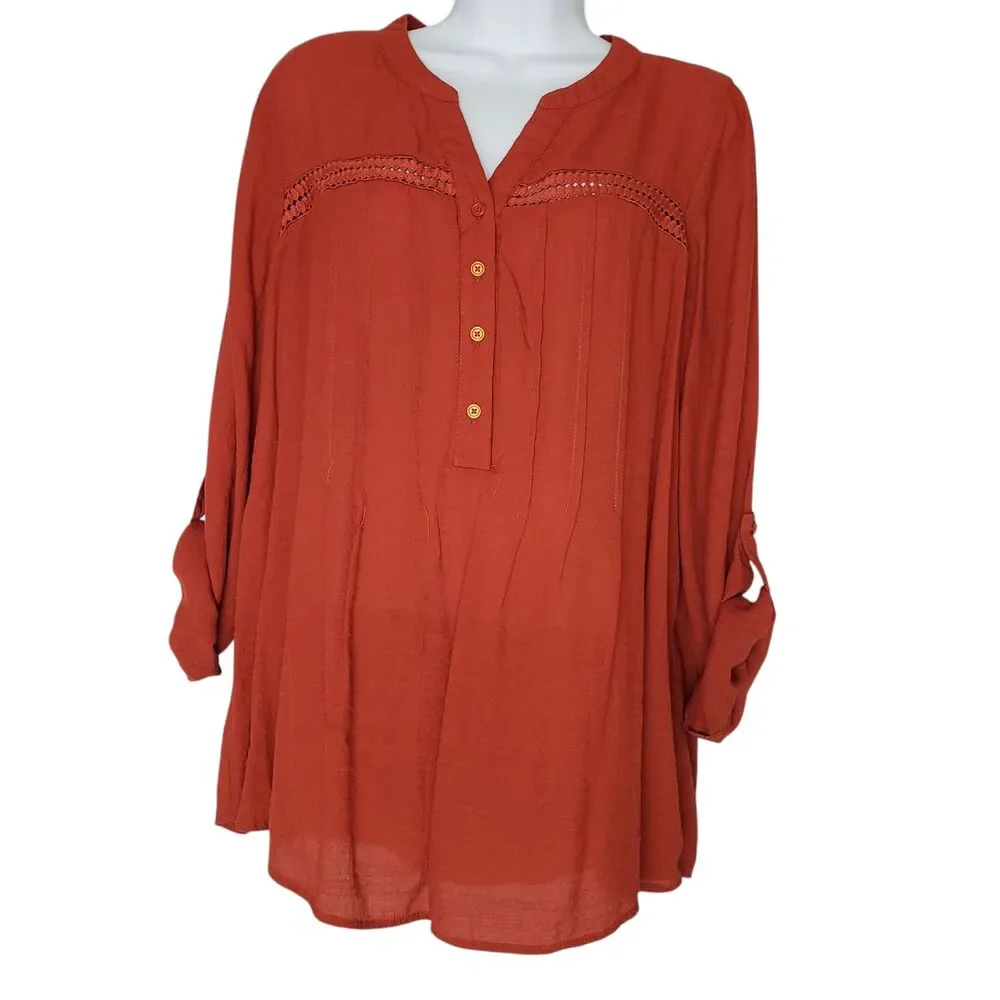 BYdesign Tunic Top Womens Large Orange Crochet Tab Sleeve Button Front Boho - Picture 3 of 13